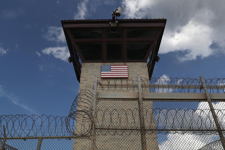 GUANTANAMO BAY, CUBA - OCTOBER 23: (EDITORS NOTE: Image has been reviewed by the U.S. Military prior to transmission.) A guard tower stands at the entrance of the U.S. prison at Guantanamo Bay, also known as 'Gitmo' on October 23, 2016 at the U.S. Naval Station at Guantanamo Bay, Cuba. The U.S. military's Joint Task Force Guantanamo is still holding 60 detainees at the prison, down from a previous total of 780. In 2008 President Obama issued an executive order to close the prison, which has failed because of political opposition in the U.S. (Photo by John Moore/Getty Images)